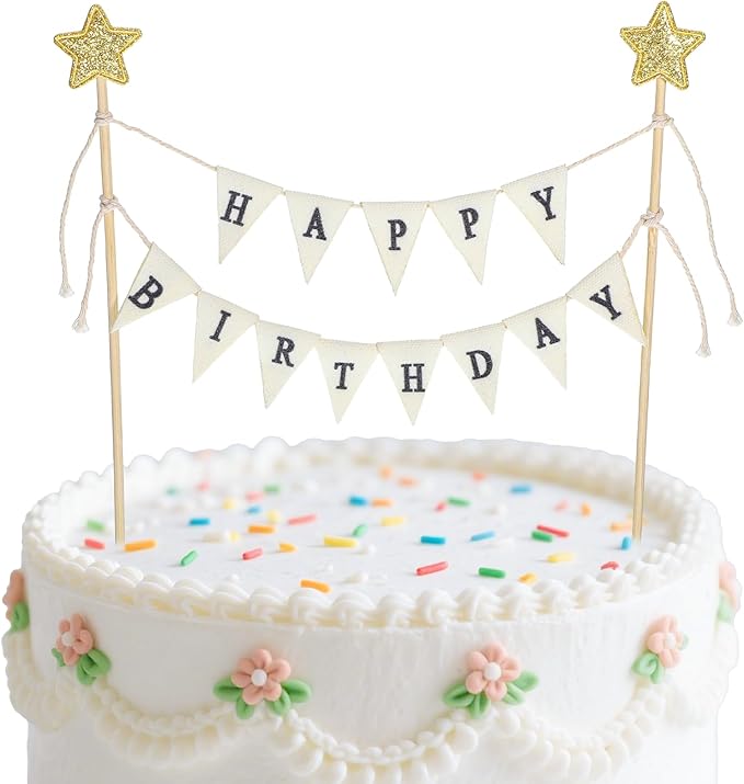 Happy Birthday Flag Banner Cake Topper, Handmade Pennant & Star Garland Birthday Cake Flag Decoration Happy Birth Day Sign & Garland for Party Supplies