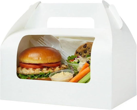 UnicoPak 30 Pack 9x6x6 White Bakery Boxes with Window, Large Gable Boxes for Lunch, Treats, Cookies, Pastries, Cardboard Gift Boxes for Christmas, Holiday Presents, Auto-Popup Assembly