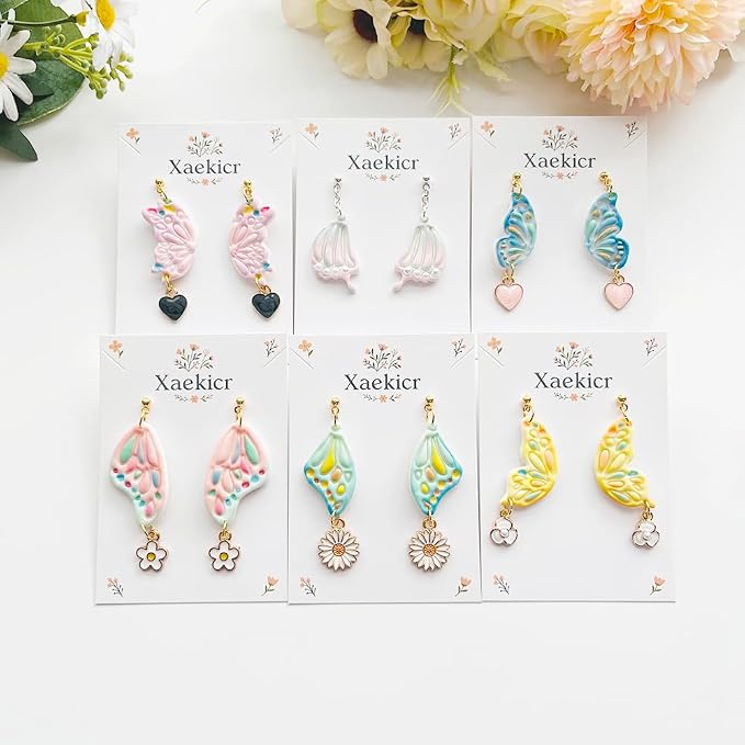 Xaekicr 12 Pairs Butterfly Wing Polymer Clay Cutters - Detailed Texture Jewelry Making Tools for Earrings & DIY Crafts, Soft Clay Shaping Molds