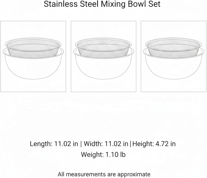 Home Cooks Stainless Steel Mixing Bowl Set with Nested Strainer for Efficient Washing and Food Prep