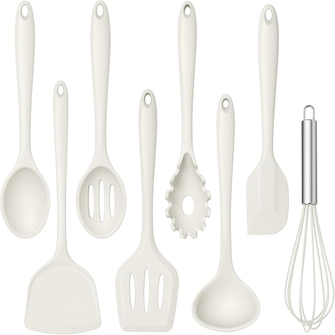 TeamFar Silicone Cooking Utensils Set, 8 PCS Kitchen Utensils Set, 446°F Heat Resistant, Turner, Spatula, Spoon, Whisk, Kitchen Cooking Gadgets Tools for Nonstick Cookware, Dishwasher Safe-White