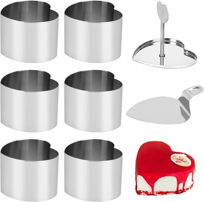 Ismosm6 Pack Cake Ring Molds with 1 Pusher 1 Lifter, 3 Inch Seamless Mini Cheese Cake Cutter Ring Set, Stainless Steel Mini Food Mold for Mousse, Food Plating, Cookies, Baking (Heart)