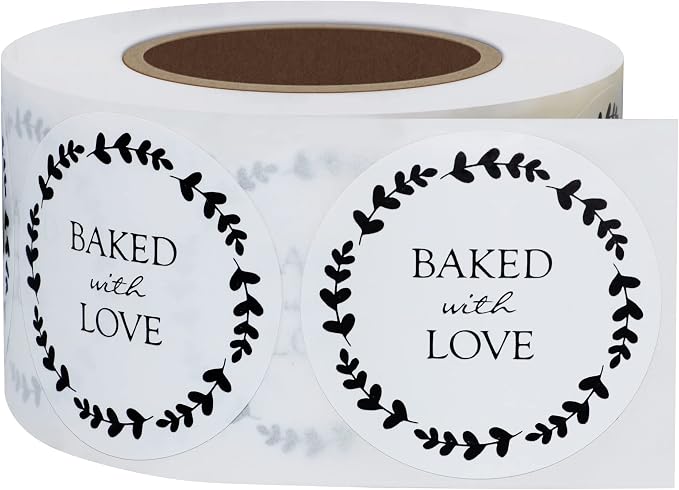 Hybsk Baked with Love Stickers with Wreath Around 1.5 Inch Round Total 500 Adhesive Labels Per Roll (Glossy Paper)