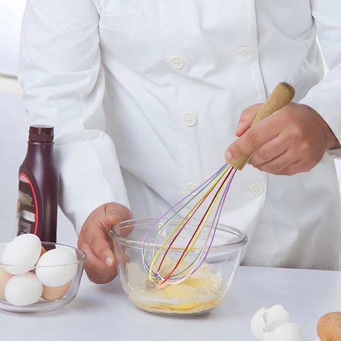 1-Piece Black Silicone Whisk with Wooden Handle BRIIEC 10-inch Non Stick Balloon Whisk Egg Beater for Pancake Batter, Eggs and Egg Whites, Cake Mix, Blending, Gravy and Sauces