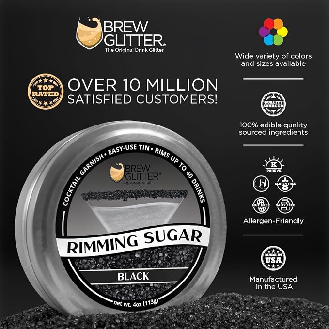 Brew Glitter - Black Rimming Sugar (4oz, 1x Bar Tin) Cocktail Garnish for Mixed Drinks & Refreshments