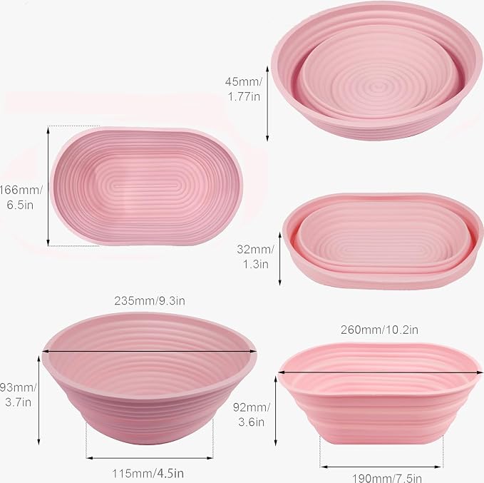 Banneton Bread Proofing Baskets,Silicone Sourdough Bread Baking Supplies, Bread Proofing Baskets for Sourdough, 9.3" Round & 10.2" Oval Collapsible Sourdough Baking Basket (Pink)