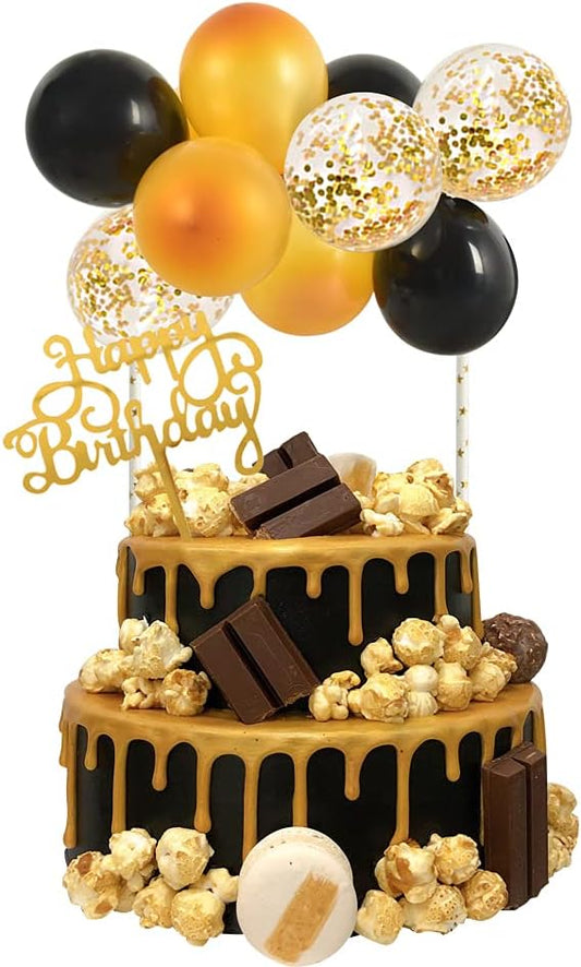 BEISHIDA Happy Birthday Cupcake Toppers - Black Gold Mini Balloon Cloud Birthday Cake Decorations for Boys Men Anniversary Party Decorations