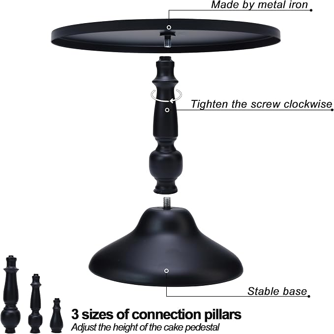 Set of 3 Black Cake Stands, QENUIITEA Metal Round Cake Holder Dessert Pie Pizza Display Stand 8" 10" 12" Serving Tray Halloween Decoration for Wedding Celebration Party Birthday Baby Shower