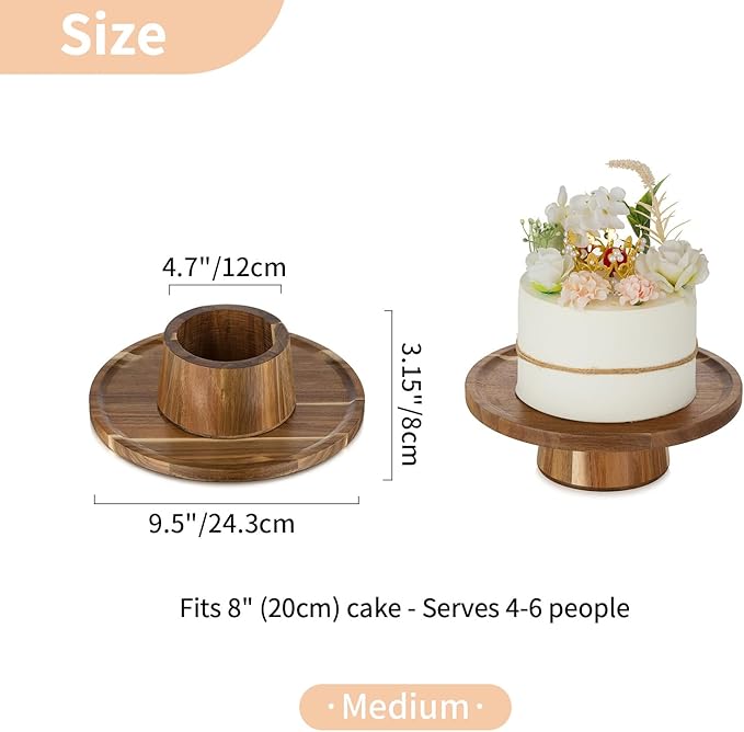 NUPTIO Wooden Rustic Cake Stand: 9.5" Round Cake Pedestal Holder 4 in 1 Vintage Cupcake Stand Serving Tray Dessert Display Plate for Wedding Halloween Christmas Easter Birthday Party - 8 Inch Cake