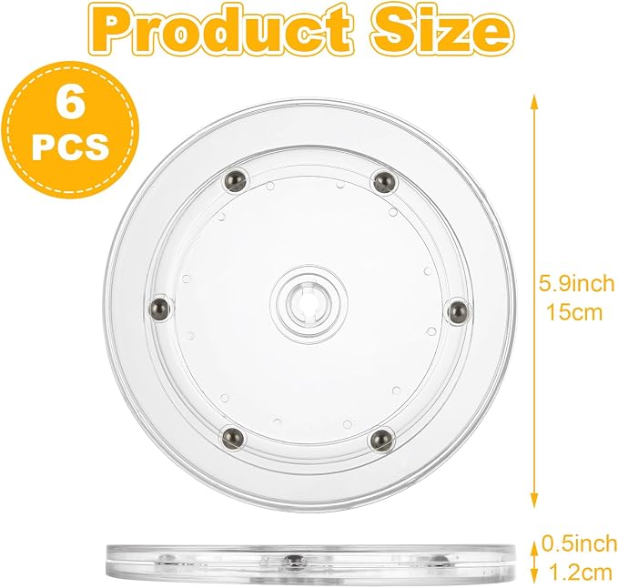 6 Pcs Small Lazy Susan 6 Inch, Clear Acrylic Turntable with Steel Ball Bearings, Round Rotating Plate Lazy Susan for Cake Decorating, Table, Spice Rack, Kitchen Corner Cabinets