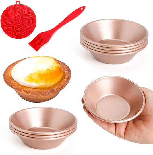 8 Pack Egg Tart Molds, Non-Stick Tartlets Dessert Mold Pans, Mini Tiny Pie Carbon Steel Muffin Tins, Cupcake Pans w/Oil & Dish Brushes for Cakes, Cookies, Quiche, Gold