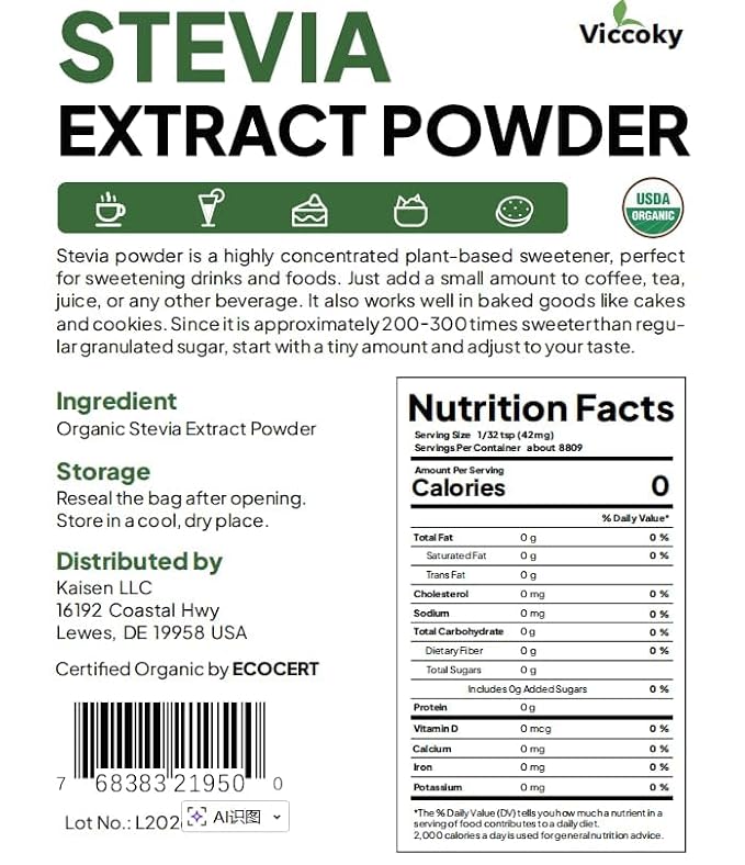 Viccoky Organic Stevia Powder 13oz (370g), Pure Stevia Extract Powder, Sugar-Free & 0 Calories, No Additives, Sugar Substitute, Natural Sweetener
