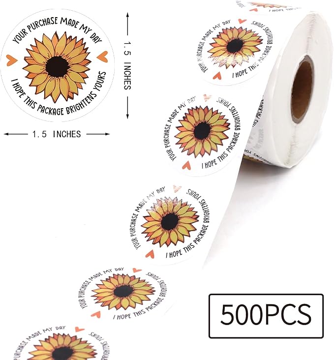 Littlefa Your Purchase Made My Day Sticker,Sunflower Thank You Stickers,Handmade Small Business Stickers for Gifts Bags Boxes Packaging Shopping Small 500 PCS