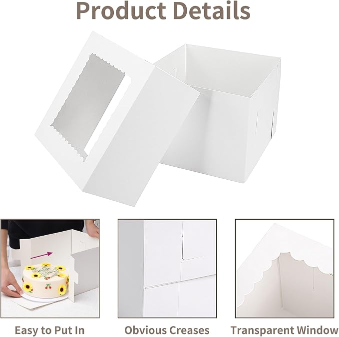 Moretoes Tall Cake Boxes 10x10x8 Inches with Window 10pcs Cajas Para Pasteles Cake Box 10 Inch for Donuts, Pie, Cookies, Valentine's Day, Mother's Day, Wedding, Birthday (White)