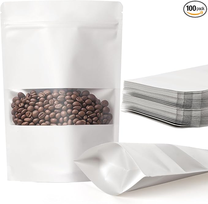 100 Pcs White Kraft Paper Bags with Window, 5.9" x 8.6" Stand Up Pouches Bags, Food Storage Bags for Packaging Products, Reusable, Sealable