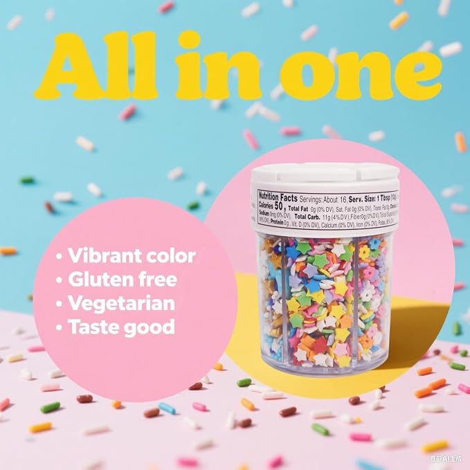 Peelit Rainbow Funfetti Sprinkles Mix, 6 in 1 Cell Edible Cake & Cupcake Decorations with Stars, Hearts & Flowers, Pastel Colors, Perfect for Baking & Ice Cream Toppers, Easter Sprinkles, 6.7oz Jar