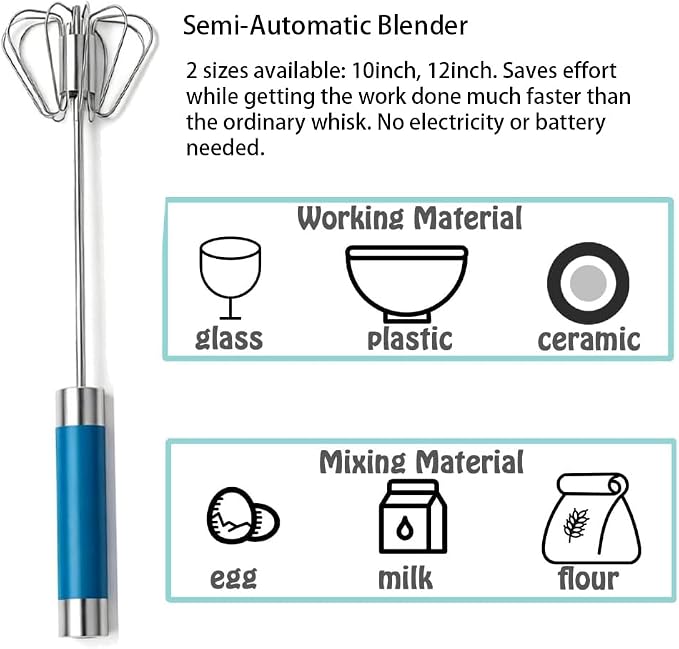 Stainless Steel Semi-Automatic Egg Whisk Set, 2PCS Hand Push Rotary Manual Mixer for Cooking, Whisking, Beating and Stirring (10&12 Inch)
