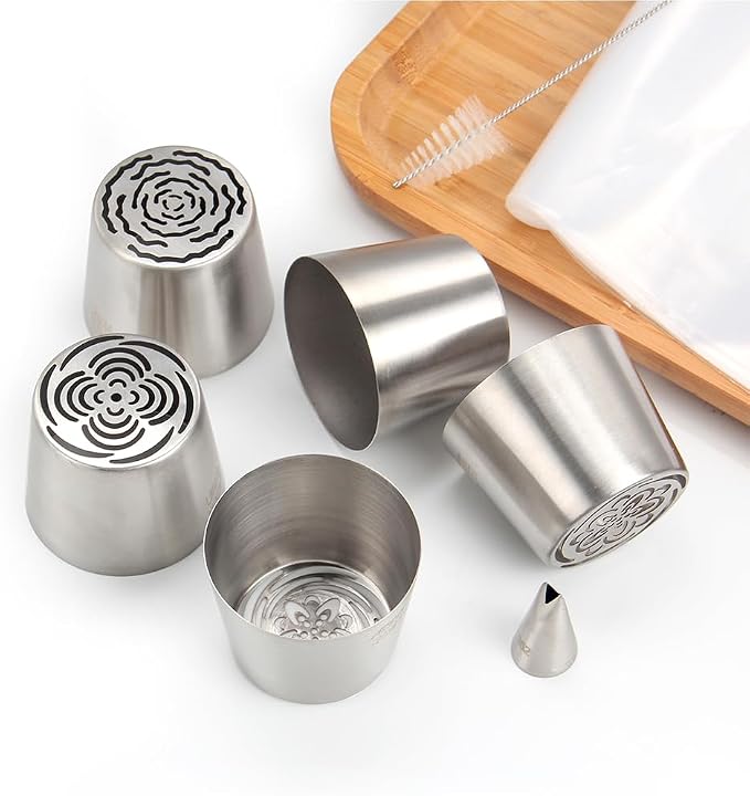 7 Pieces Stainless Steel Extra Large Russian Tulip Icing Tips Set, 5 XXL Russian Flower Piping Nozzles,1 Cleaning Brush,1 Small Leaf Tip for Cake Decorations,Flower Frosting Nozzles for Decorating
