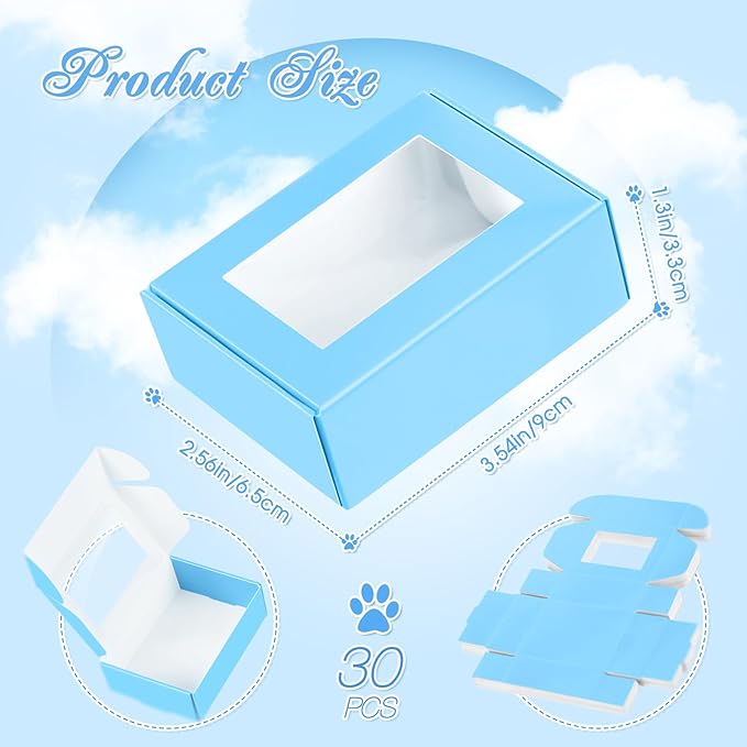 Zonon 30 Pcs Soap Boxes for Homemade Packaging, Mini Kraft Boxes with Window for Bakery Candy Soap Making Gift Packaging, 3.7x2.6x1.4 Inch (Blue)
