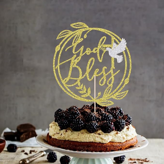 Gold Glitter god Bless Baptism Cake Topper - Keepsake Cross Design,for Christening & Holy Communion,Baby Shower 1st Birthday Party Divine Celebration Elegant Cake Decor