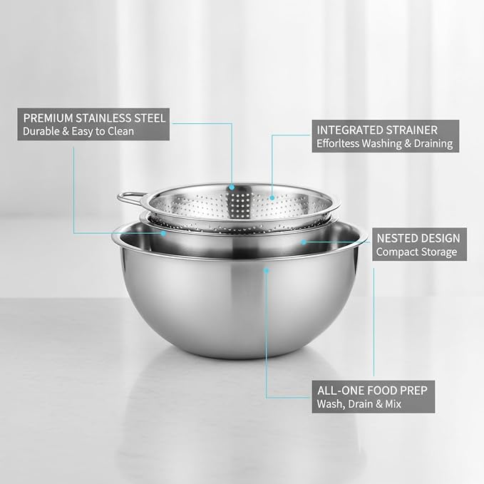 Home Cooks Stainless Steel Mixing Bowl Set with Nested Strainer for Efficient Washing and Food Prep