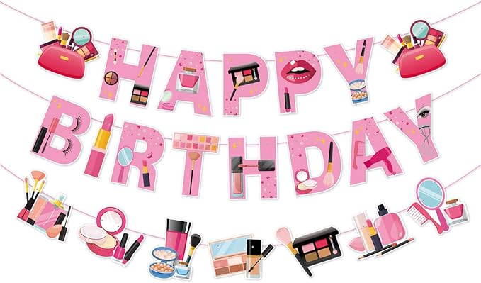 Zwiebeco Makeup Happy Birthday Banner Sign Spa Party Hanging Paper Decorations for Girls Women Glamour Cosmetics Theme Accessories Supplies