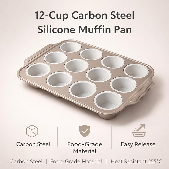 12-Cup Silicone Muffin Pans with Steel Frame, Nonstick Bakeware, Reusable Cupcake Pans with 12 Piping Nozzles & Bag for Baking | Silicone Muffin Pans for Cupcakes & Muffins