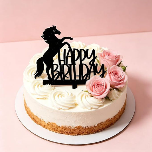 Black Acrylic Horse Happy Birthday Cake Topper, Horse Theme Party Decoration for Boys, Girls, Men, Women & Kids Birthday Party Decoration Supplies (Design2)