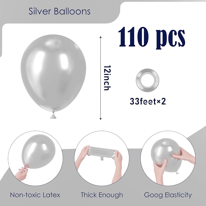 Voircoloria 110pcs Metallic Silver Balloons 12inch Chrome Silver Latex Party Balloons for Graduation, Wedding, Birthday, New Year, Baby Shower, Anniversary, Holiday Party Decorations