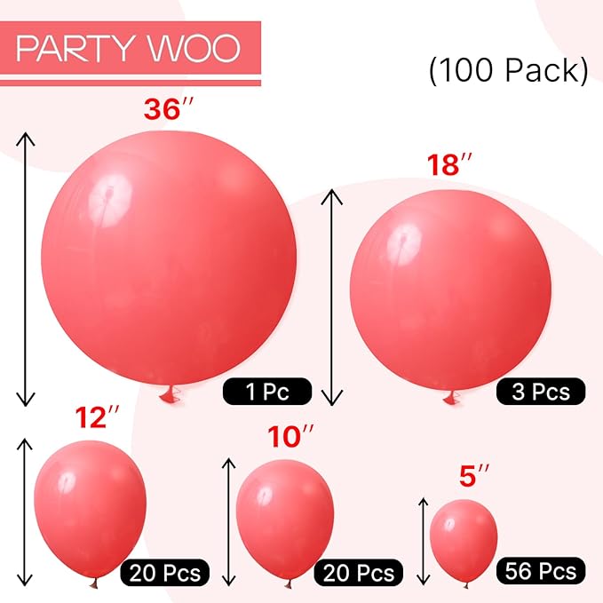 PartyWoo Coral Balloons 100pcs Different Sizes of 36 18 12 10 5 Inch Pastel Red Coral Pink Latex Balloon Arch Kit Garland for Wedding Anniversary Birthday Summer Themed Party Decorations Red-Q11