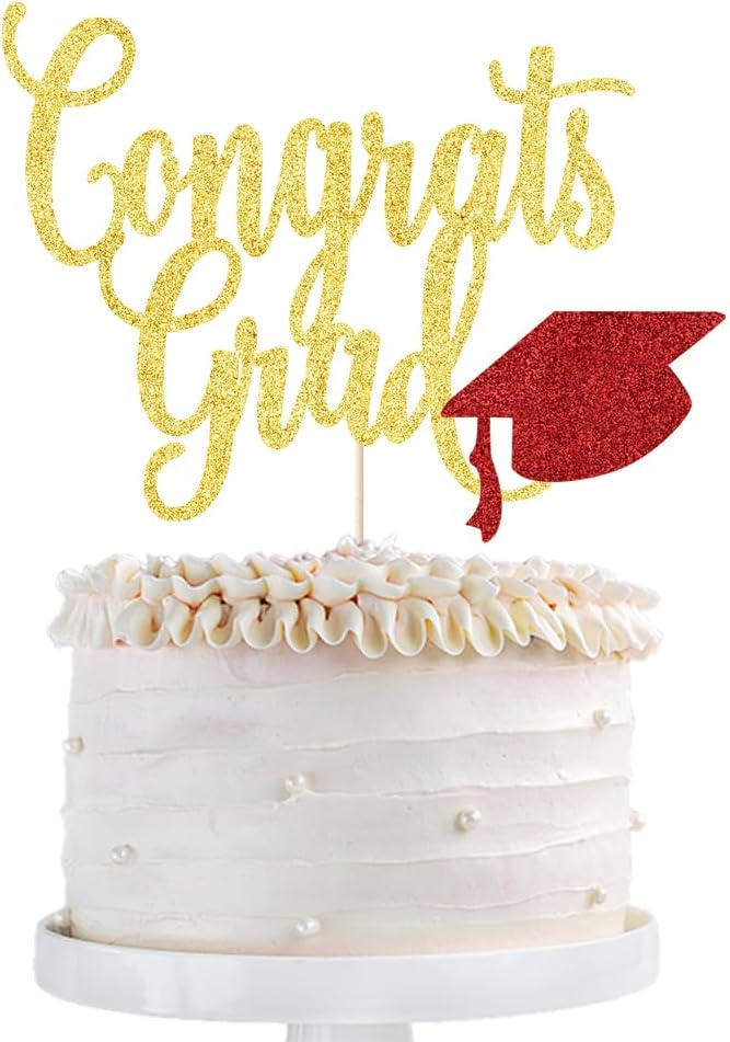 Congrats Grad Cake Topper,2026 Graduation Cake Topper, Congrats Grad Decorations,2026 High School/College/Senior Graduation Party Decorations Supplies. (Congrats Grad Gold red)