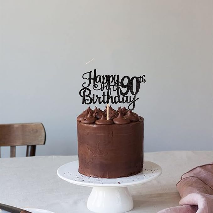 1 PCS Happy 90th Birthday Cake Topper Glitter Cheers to 90 Years Birthday Cake Pick 90 Fabulous Cake Decoration for Happy 90th Birthday Theme Party Decorations Supplies Black