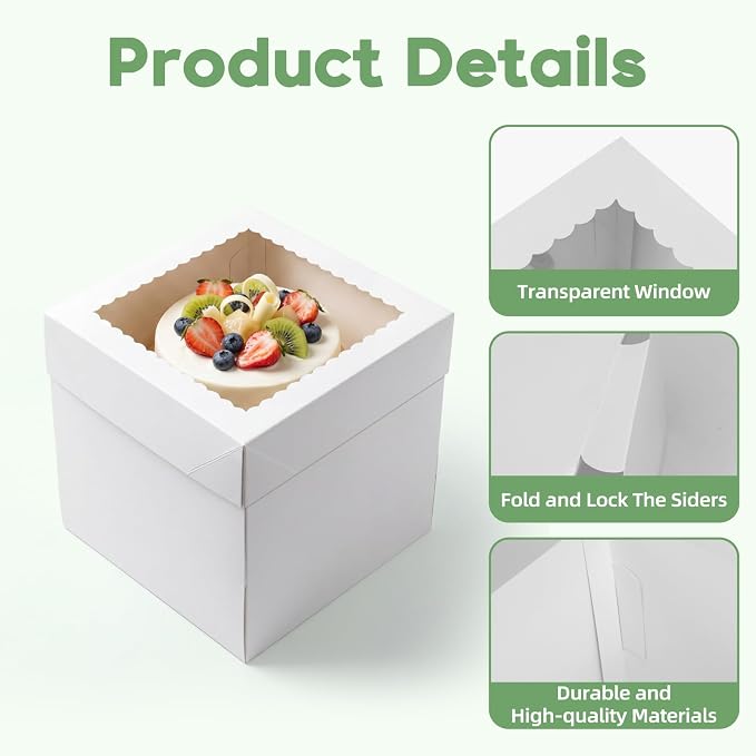 ZBEIVAN 24 Pack Cake Boxes 10x10x10 Inches White Bakery Boxes with Window, Large Square Cardboard Cake Carriers for Cakes