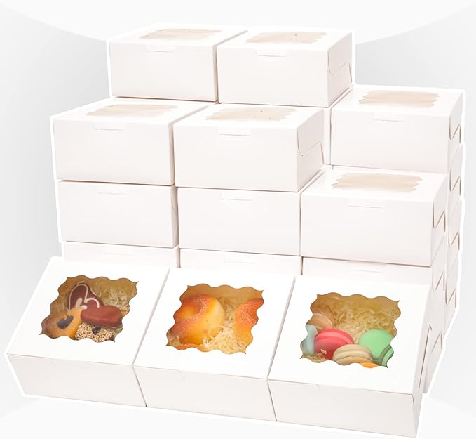 Bakepacker 60pcs White Bakery Boxes with Window 6x6x3 inches Thick & Sturdy Macaroon Pastry & Cookie Boxes