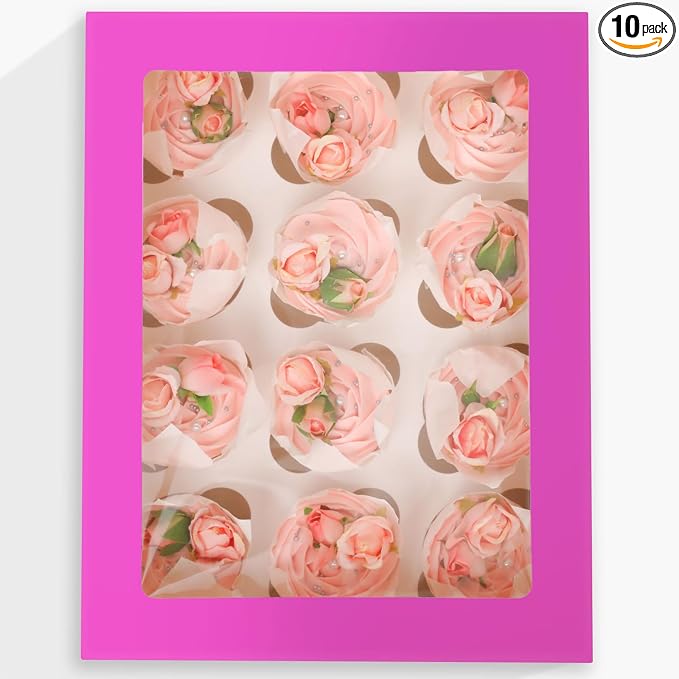 Bakepacker 12 Cupcake Containers 10-Packs Roland Cupcake Box Cupcakes Carrier, 12 Cupcake Boxes with Window 13"x10"x3.5"（Auto-pop up）