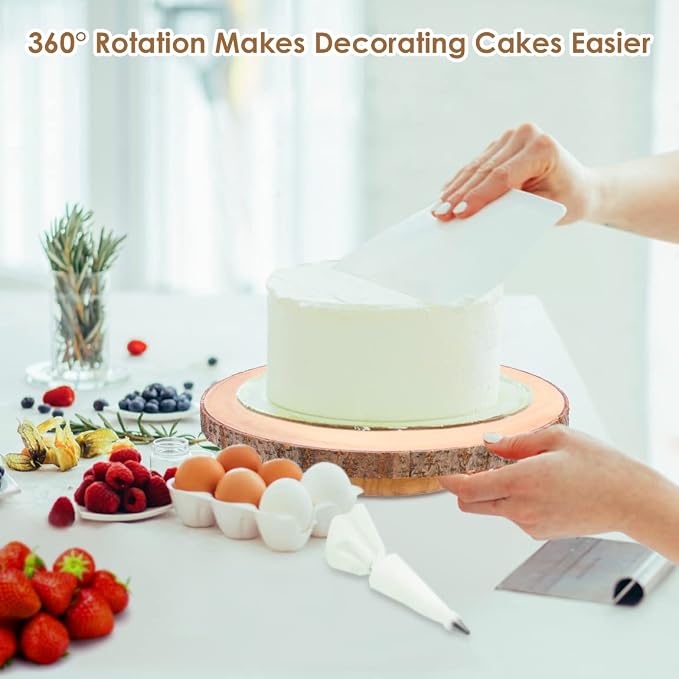 ShineZoom Wood Cake Stand Rustic Rotating Cake Stand 12 Inch Cake Turntable/ Dessert Display Stand Wooden Cake Stands for Wedding/ Party/Baby Showers/ Reception/Decor
