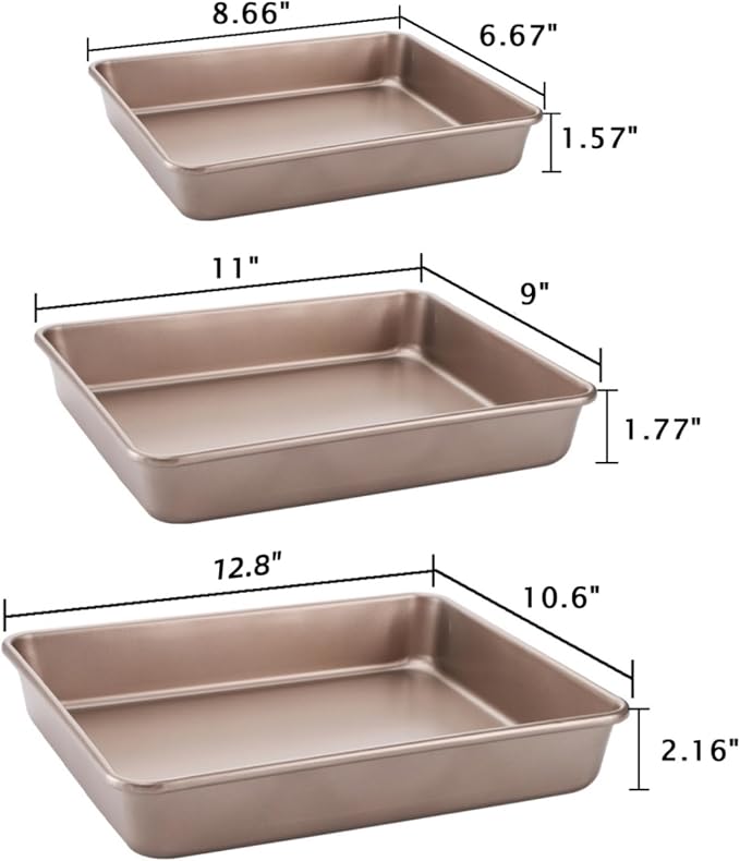 Dicunoy Set of 3 Deep Baking Pans, Nonstick Rectangle Cake Baking Sheet for Oven, Bakeware Bread Pans, Heavy Duty Carbon Steel Bread Tray, Bake Mold Turkey Roasting Pan, 8,11,12 inch