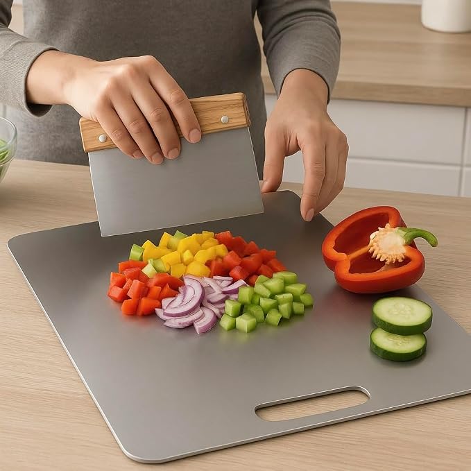 Stainless Steel Pastry Cutting Board 15x11 with Bench Scraper | Metal Dough Board for Kneading Bread & Baking – 304 Food-Grade Chopping Board, Dishwasher Safe, Knife-Friendly, Heavy Duty