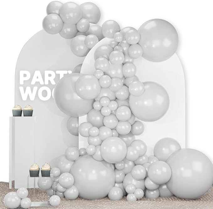 PartyWoo Grey Balloons 140pcs Different Sizes Pack of 18 12 10 5 Inch Light Pastel Pale Gray Latex Balloon Arch Kit Garland for Baby Shower Graduation Wedding Birthday Party Decorations Gray-Y76