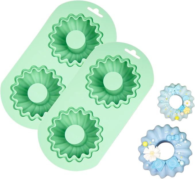QELEG 2 Pack Silicone Donut Pan, 2-Cavity Fluted Tube Cake Pan Non-stick Silicone Baking Mold for Donuts, Cornbread, Brownies, Bagel, Jellies Green 2Pcs/2-Cavity, sunflower