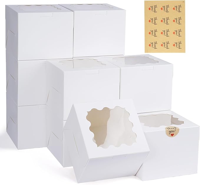 WINKIO 12 Pieces Cookie Boxes with Window, 6×6×5 Inches White Treat Boxes for Bakery Dessert Pastry Mini Cake Favor Donut Baked Goods (with Stickers)