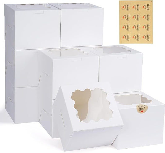 WINKIO 12 Pieces Cookie Boxes with Window, 6×6×5 Inches White Treat Boxes for Bakery Dessert Pastry Mini Cake Favor Donut Baked Goods (with Stickers)