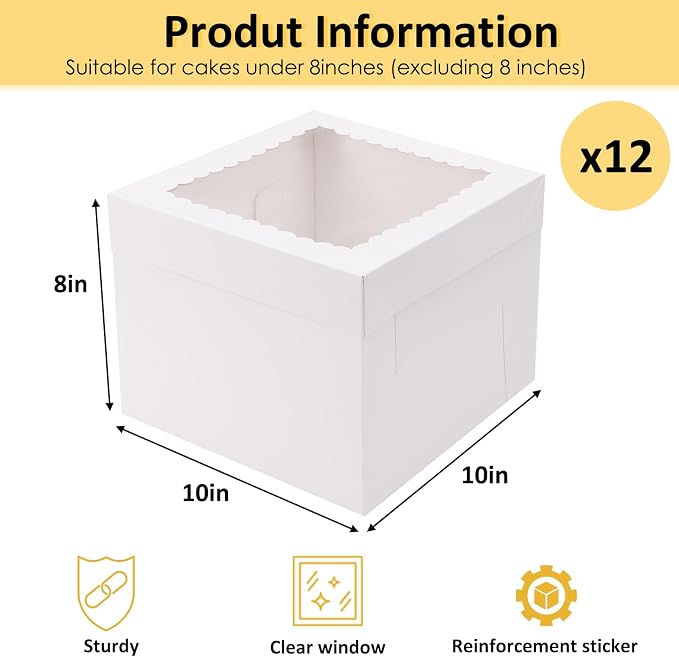 Moretoes 12pcs Cake Boxes, 10x10x8 Inches Tall Cake Carriers with Window, Square Bakery Box with Lids for Donuts, Pies, Cookies, Wedding, Birthday (White)