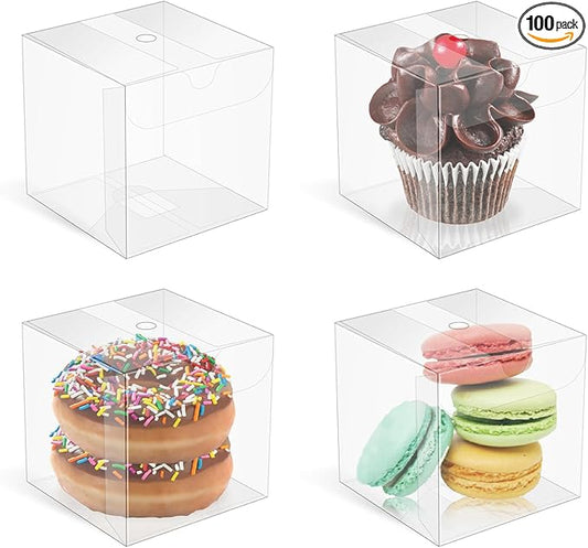 XINHPKGG 100pcs Clear Favor Boxes 3x3x3 Inch Clear Chocolate Bomb Boxes Small Gift Box Cupcake Box for Birthday Wedding Party