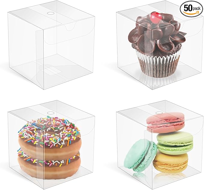 XINHPKGG 50pcs Clear Favor Boxes 3x3x3 Inch Clear Chocolate Bomb Boxes Small Gift Box Cupcake Box for Birthday Wedding Party