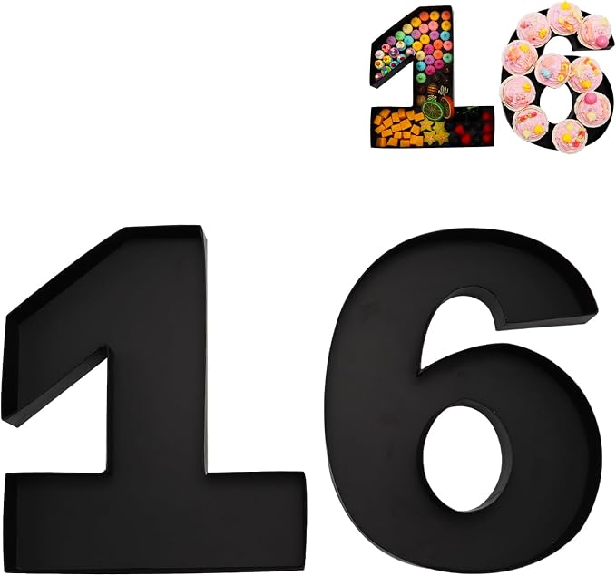 12inch Cardboard Number Fillable Food Tray Box for Charcuterie, Cupcake Arrangement, Birthday Anniversary (Black, 16)