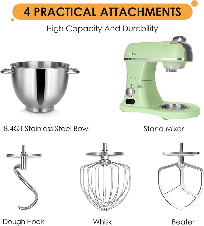 ZACME 8.4QT Commercial Stand Mixer 800W with Aluminum Die Casting Meets the Standard of NSF/ANSI 8-2023, Mixers Kitchen Electric Stand Mixer with Stainless Steel 8L Bowl, Dough Hook, Whisk and Beater