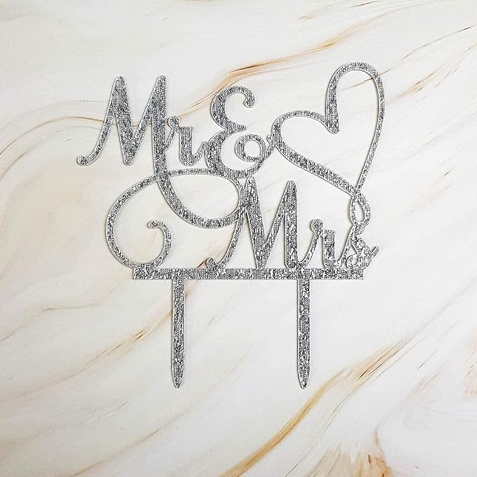 Mr and Mrs Cake Topper Decoration For Bride and Groom Sign Wedding/Engagement , Silver Glitter Acrylic
