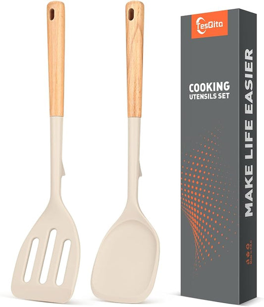 Silicone Cooking Spatula, Heat Resistant Solid Turner, Slotted Spatulas with Wooden Handle,Ideal Wood Kitchen Utensils Set for Frying, Baking, Flipping, Turning,Pack of 2 (Khaki)