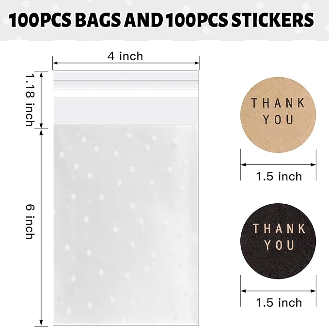 NPLUX 200PACK Self Sealing Cellophane Treat Bags Clear Cookie Bags for Gift Giving with Stickers, Party Favor, Graduation Gift Bags(White Polka Dot, 4X6INCH)